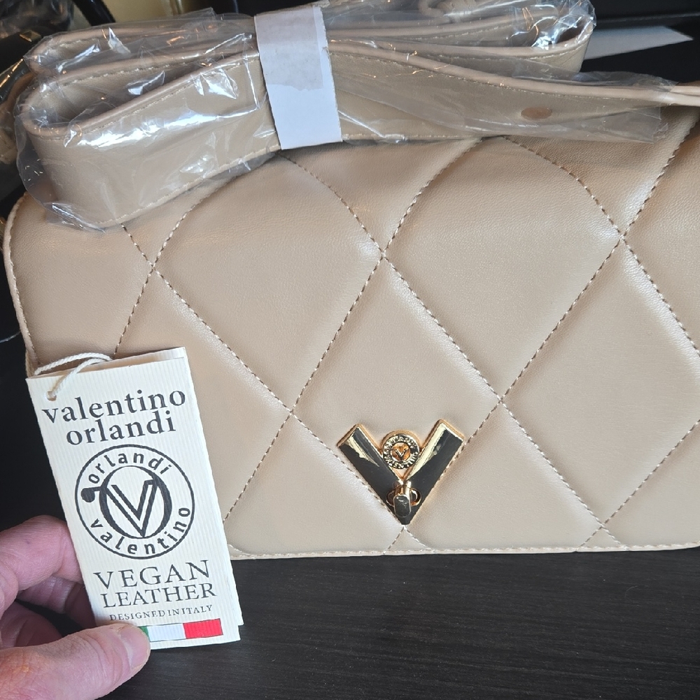 Valentino Orlandi Cream Quilted Vegan Leather Shoulder Bag